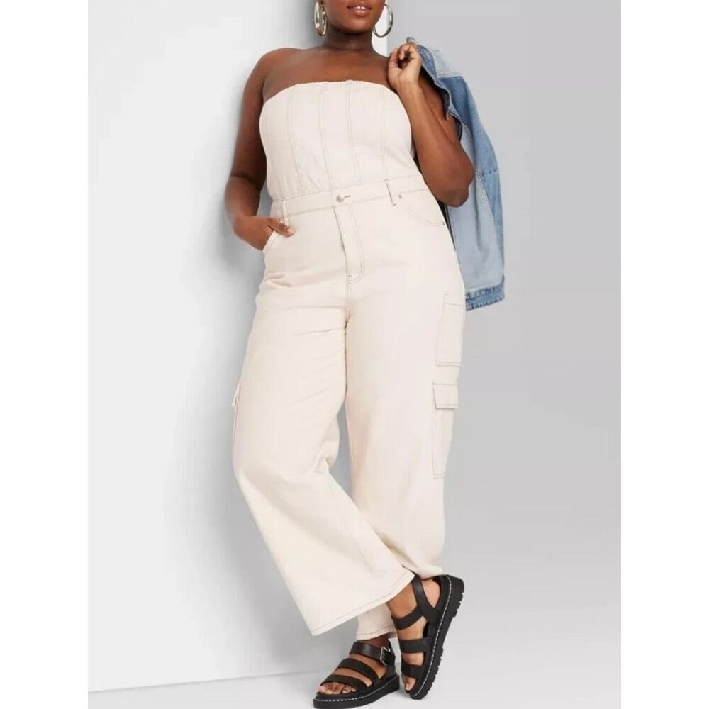 Wild Fable Tube Cargo Denim Jumpsuit Off White Cream Strapless Wide Leg Large